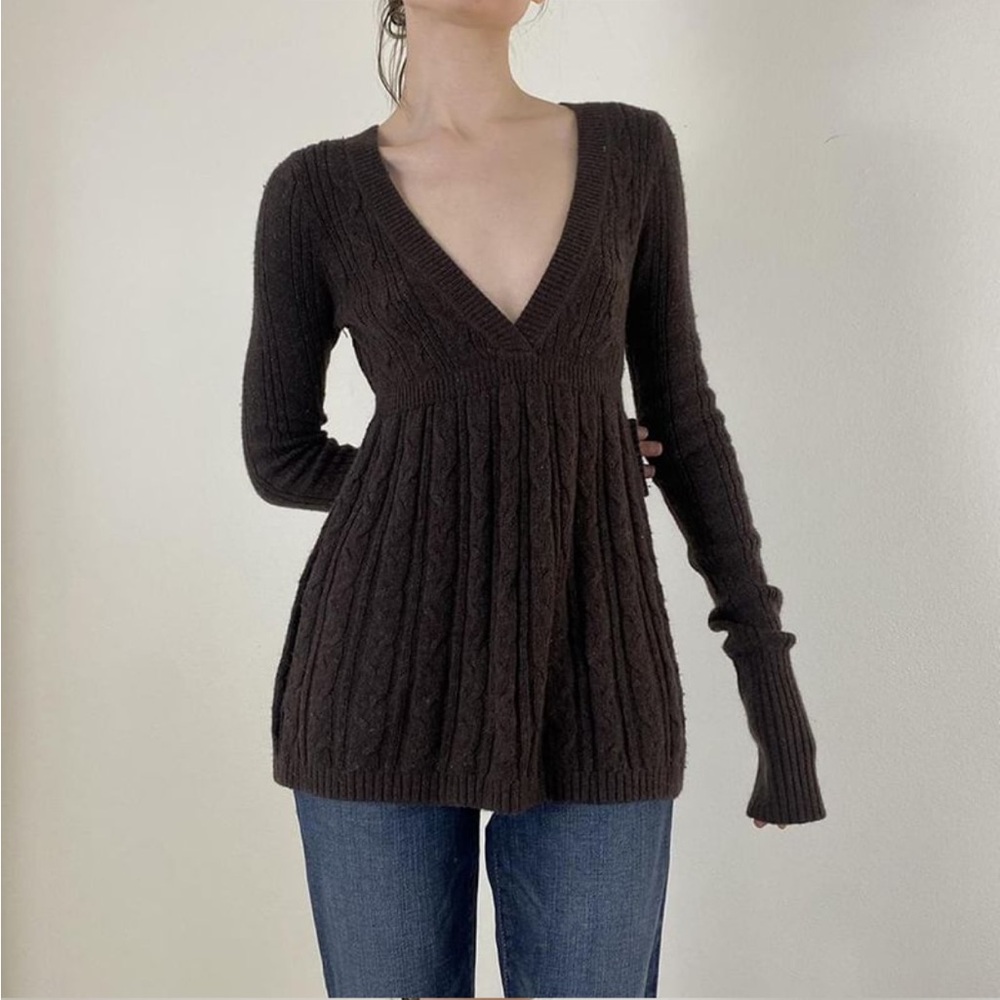 Deep V-Neck babydoll Brown Sweater